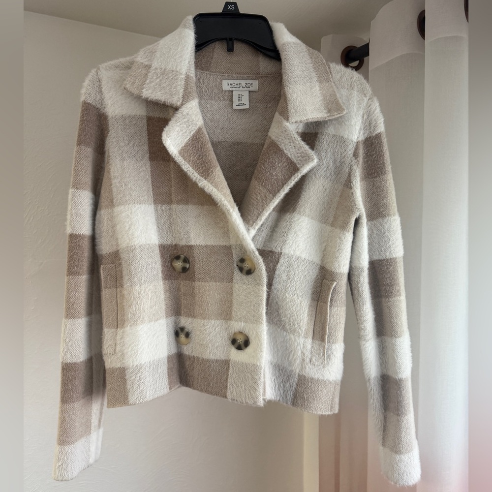 Rachel Zoe Women's Cream and Brown Plaid Teddy Jacket Size S Very Cute Short Top